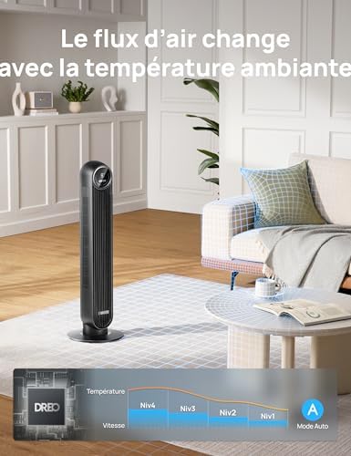 Dreo 20dB ventilateur colonne silencieux, Vitesse 7,6 m/s - Oscillant à 90° ventilateurs tour pour chambre, 92 cm de haut, Télécommande incluse, 4 vitesses, 4 modes, minuterie 8H, Noir - Nomad One