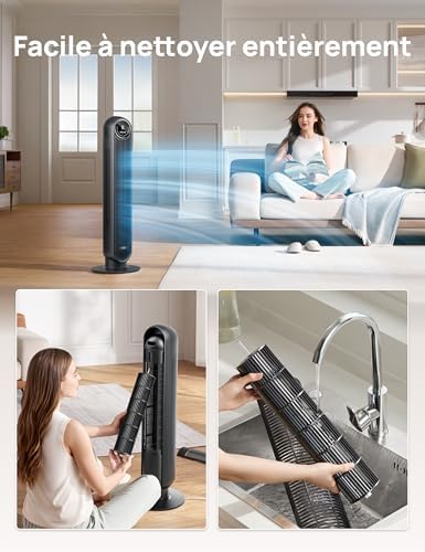 Dreo 20dB ventilateur colonne silencieux, Vitesse 7,6 m/s - Oscillant à 90° ventilateurs tour pour chambre, 92 cm de haut, Télécommande incluse, 4 vitesses, 4 modes, minuterie 8H, Noir - Nomad One