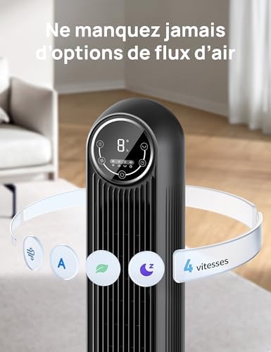 Dreo 20dB ventilateur colonne silencieux, Vitesse 7,6 m/s - Oscillant à 90° ventilateurs tour pour chambre, 92 cm de haut, Télécommande incluse, 4 vitesses, 4 modes, minuterie 8H, Noir - Nomad One