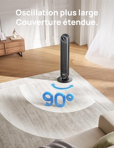 Dreo 20dB ventilateur colonne silencieux, Vitesse 7,6 m/s - Oscillant à 90° ventilateurs tour pour chambre, 92 cm de haut, Télécommande incluse, 4 vitesses, 4 modes, minuterie 8H, Noir - Nomad One