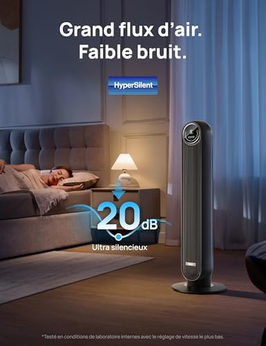 Dreo 20dB ventilateur colonne silencieux, Vitesse 7,6 m/s - Oscillant à 90° ventilateurs tour pour chambre, 92 cm de haut, Télécommande incluse, 4 vitesses, 4 modes, minuterie 8H, Noir - Nomad One
