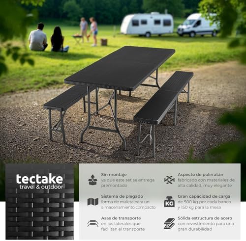TecTake® 3-Piece Folding Table Set, Camping Table Set with 2 x Benches, Outdoor Garden Table, Steel Frame, Leg Stops, Easy Assembly, Ideal for Camping, Garden, Terrace, Picnic – Black