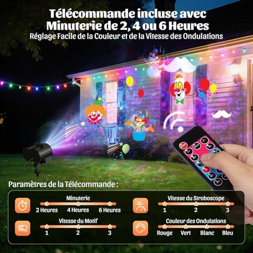 Halloween Projecteur, 16 Diapositives Projecteur Halloween Exterieur Avec Télécommande et Fonction de Chronométrage, 4 Couleurs Motifs D'eau pour Pâques,Thanksgiving,Fête,Noël