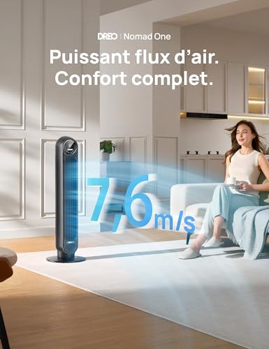 Dreo 20dB ventilateur colonne silencieux, Vitesse 7,6 m/s - Oscillant à 90° ventilateurs tour pour chambre, 92 cm de haut, Télécommande incluse, 4 vitesses, 4 modes, minuterie 8H, Noir - Nomad One